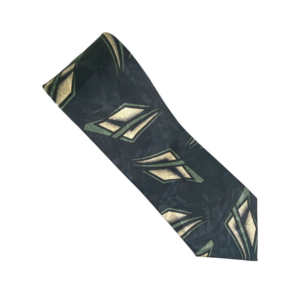 VTG Retro Design Studios Mens Tie 1990s Abstract Geometric Green Tan 54.5x4" - Picture 2 of 7